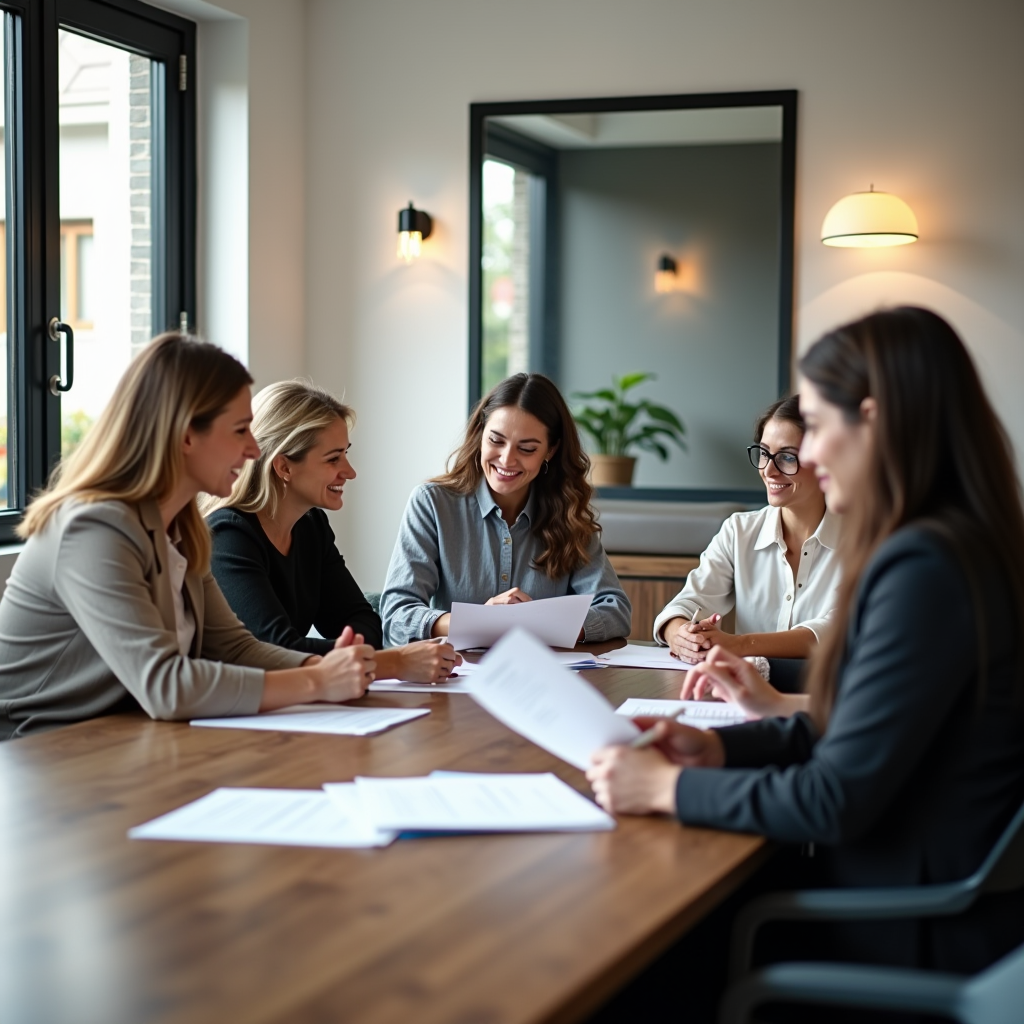 Professional board meeting with diverse homeowners association members reviewing bylaws and governance documents, modern conference room setting with transparent decision-making atmosphere