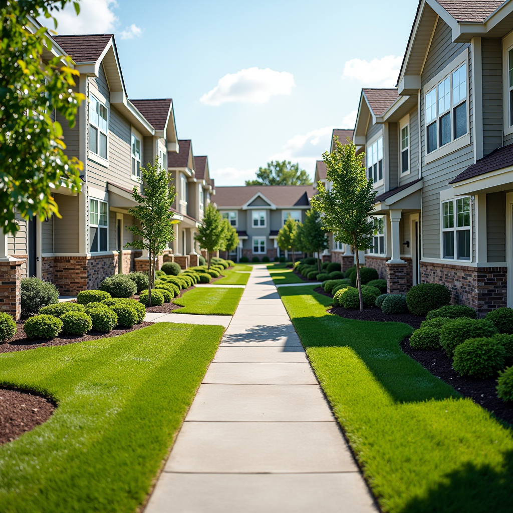 Well-maintained residential community common areas with lush landscaping, clean walkways, and professional maintenance crew working on seasonal property upkeep