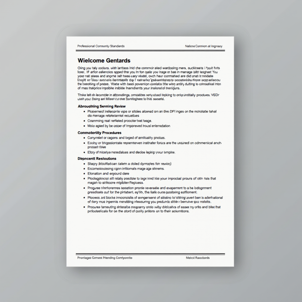 Professional community standards documentation with architectural review guidelines, covenant enforcement procedures, and diplomatic resolution process for homeowners association
